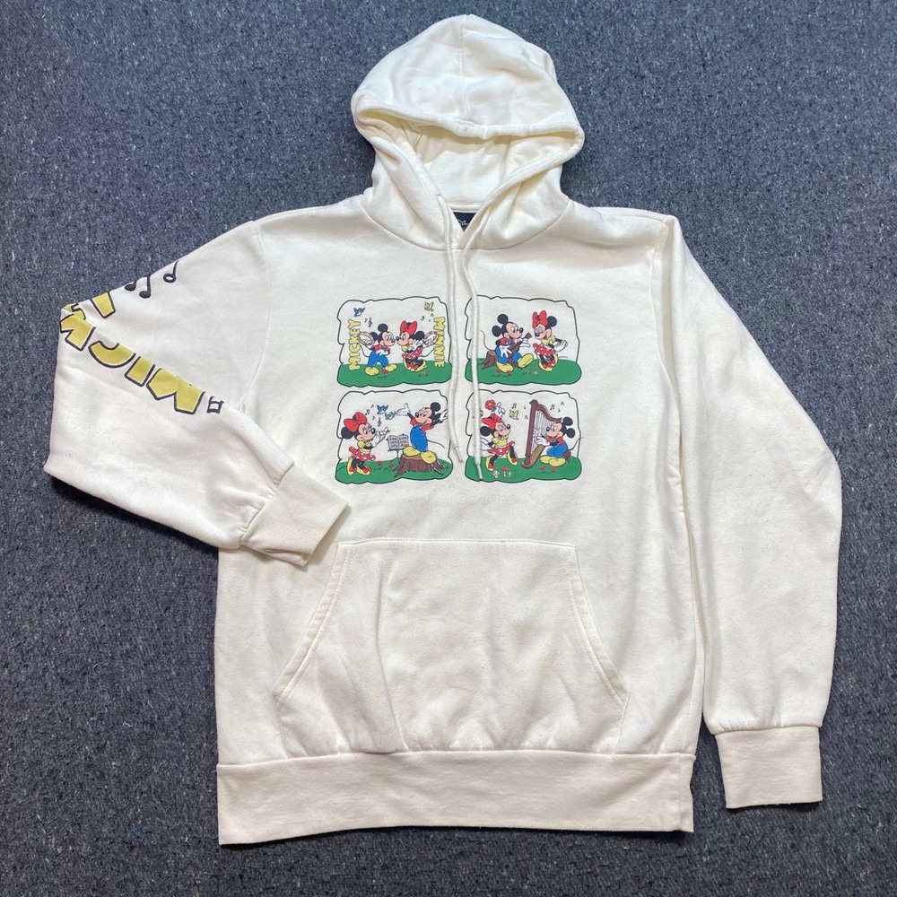 Disney Mickey Minnie Mouse Hoodie Sz M Womens Cream Retro Musical Graphic Comic